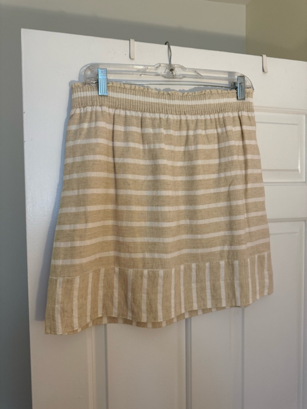 J. Crew Factory Beige/White Striped Linen/Cotton Mini Skirt, lined, pockets - 8